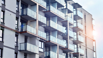 Modern and new apartment building. Multistoried modern, new and stylish living block of flats.