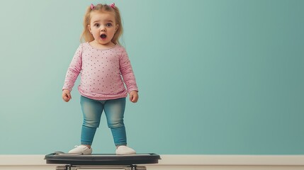 Little overweight baby standing on a scale in a bright room, displaying a sense of curiosity and playfulness during a health check. Weight loss exercises. Fight against obesity. With copy space