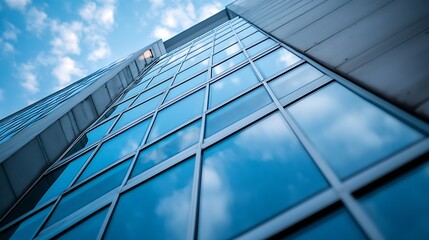 Obraz premium Skyscraper Reflection and Architectural Design Against a Blue Sky with Clouds : Generative AI