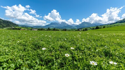 Fototapeta premium Alpine Meadow Landscape, Mountains, Clouds. Possible use Stock photo