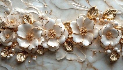 Fototapeta premium Luxurious White Flowers with Gold Accents on Marble-Style Background