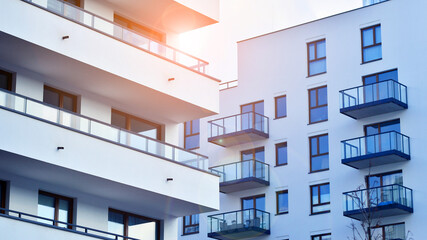 Modern and new apartment building. Multistoried modern, new and stylish living block of flats.