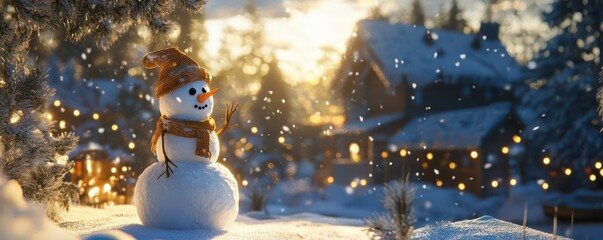 Fototapeta premium Cheerful snowman in winter wonderland during sunset