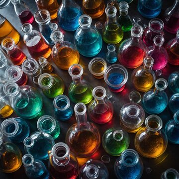 An overhead shot of a lab table filled with test tubes, beakers, and flasks containing various bright chemicals.