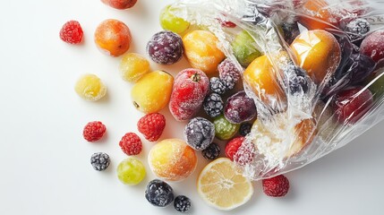 Frozen Mixed Berries and Fruit in Plastic Bag Healthy Food Winter Vitamins Delicious Apricots Raspberries Plums Grapes Summer Fruits Frozen Food      