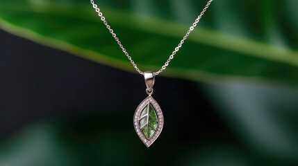 Green gemstone leaf pendant necklace, nature background
