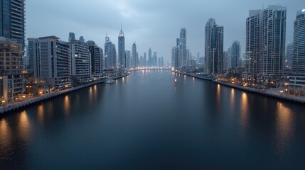 Fototapeta premium Dubai Canal at Dawn; Cityscape, Calm Water, Calm Morning