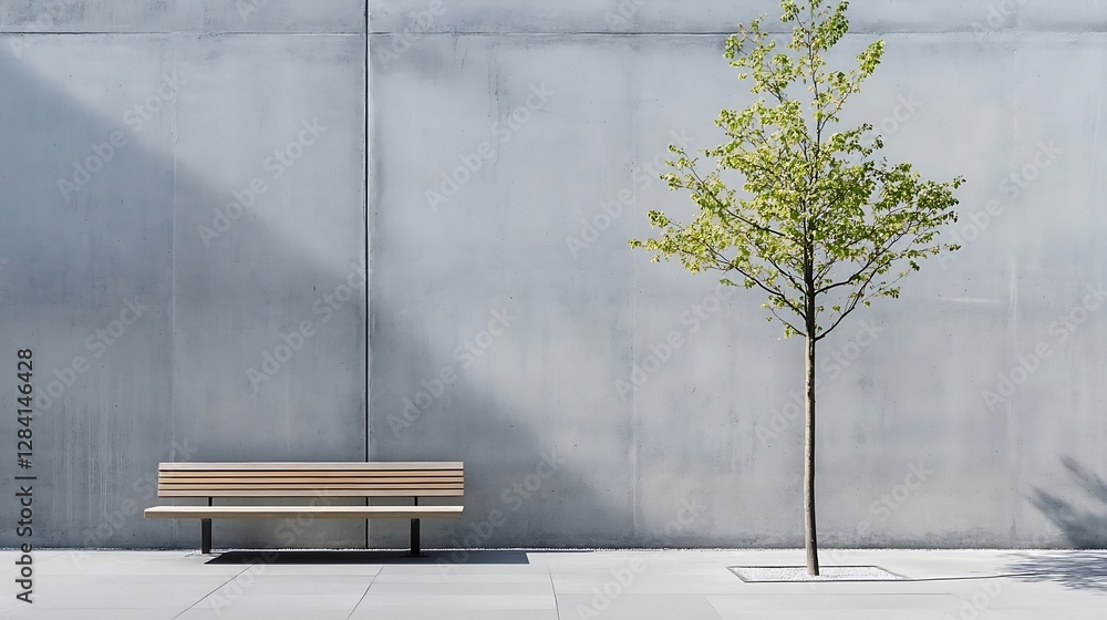 Aufkleber modern bench with minimalist design against a gray wall surrounded by lush greenery : generative ai
