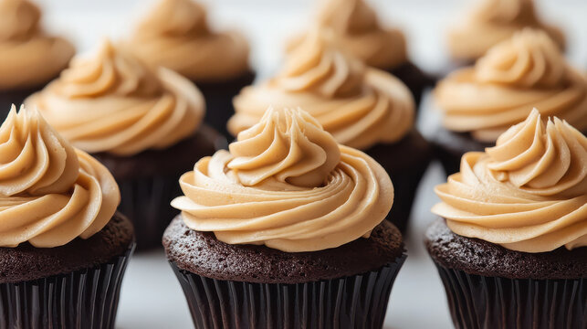 A lineup of luxurious chocolate cupcakes topped with smooth caramel frosting, piped in an elegant rosette pattern