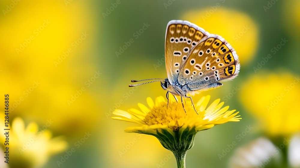 Poster beautiful macro shot of a butterfly perched on a vibrant yellow flower in a sunny garden setting : g