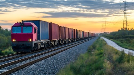 Fototapeta premium Vibrant pink cargo train on railway with containers in sunset scene showcasing transportation and logistics : Generative AI