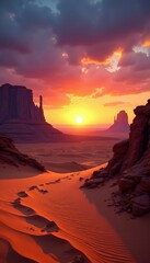 Desert sunset over vast expanse of sand and rock formations, desert, earthy tones