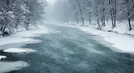 Obraz premium Winter wildlife element, winter river in snow captivity, icy realm of mountain river, freezing river amidst snowy woods