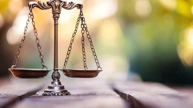 Vintage style brass scale symbolizing justice with a blurred natural background : Generative AI