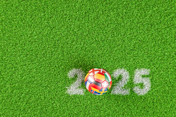 Soccer ball with the flags of several European Countries playing in Switzerland in 2025. The year...