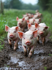 Pigs running along a muddy path in the countryside