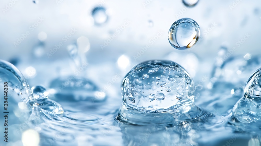 Aufkleber Closeup of water droplets splashing and creating bubbles in a serene and refreshing liquid surface : Generative AI