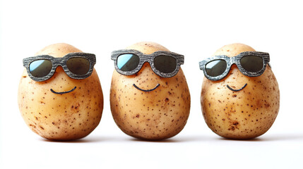Three funny potatoes with human faces wearing sunglasses isolated on white background, vegetable collection.