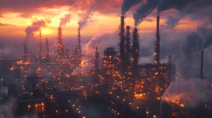 Fototapeta premium Industrial landscape at sunset with smokestacks and glowing lights.