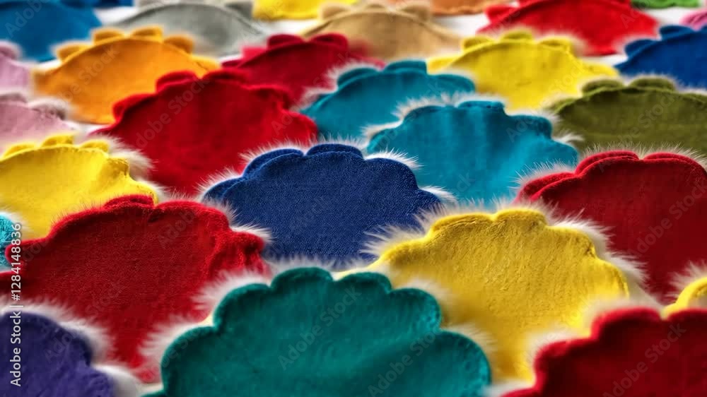 Poster a close up of a colorful array of flower shaped objects. the objects are in various colors and sizes