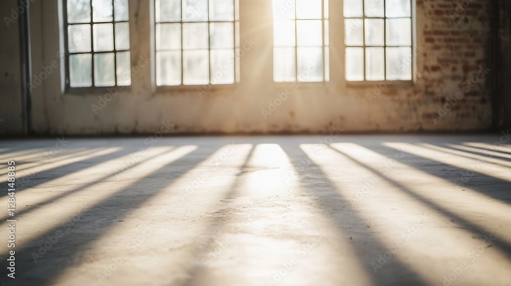 Poster dramatic sunlight streaming through industrial windows casting shadows on concrete floor : generativ