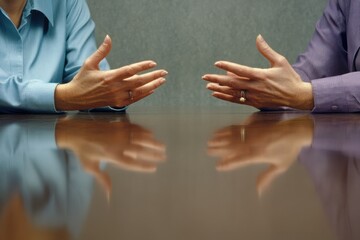 Business meeting, hands gesturing, reflective table. Possible use stock photo for business articles