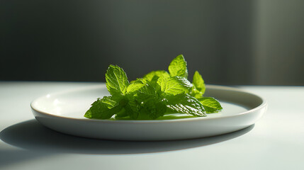 Fresh mint sprigs on a plate, capturing the essence of nature's vibrant greenery with soft lighting.