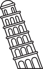leaning tower line art, black outline, vector and illustration, line art and outline