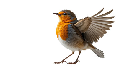 Single European robin bird spreading its elegant wings, fully extended. The bird's vibrant orange chest, soft grayish-brown feathers, and delicate wing details are clearly visible. PNG file