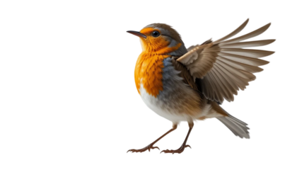 Single European robin bird spreading its elegant wings, fully extended. The bird's vibrant orange chest, soft grayish-brown feathers, and delicate wing details are clearly visible. PNG file