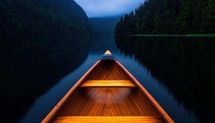Naklejka premium A serene canoe gliding across a tranquil lake surrounded by lush mountains.