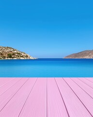 Fototapeta premium A serene ocean view with pink wooden deck and clear blue skies, perfect for relaxation.