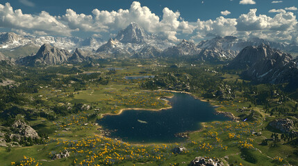 Mountain lake landscape, wildflowers, sunny day, aerial view, travel brochure