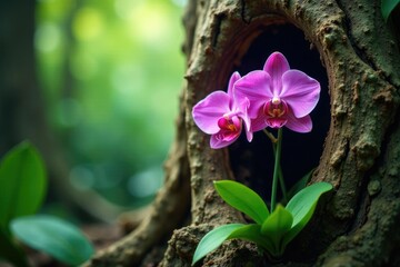 Exotic orchids grow in tree trunk cavities with air, tropical, , flowers