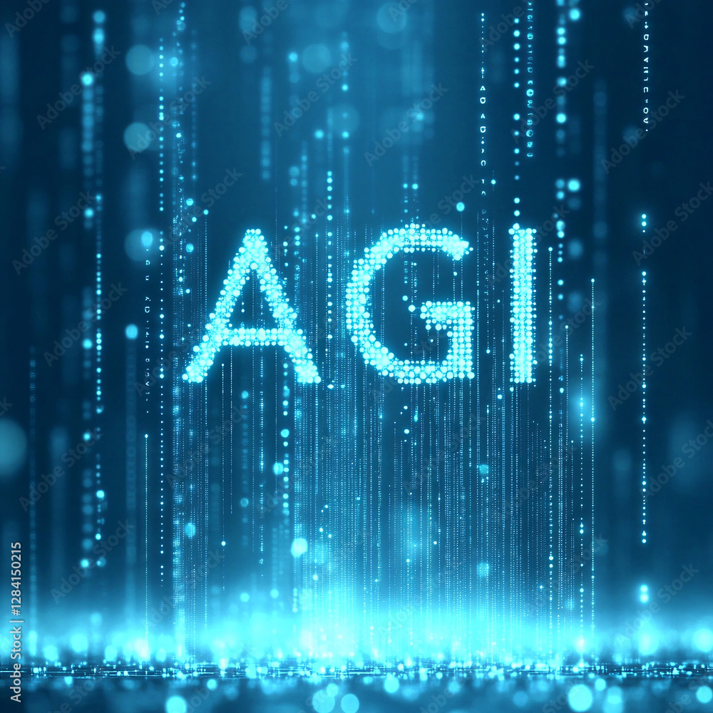 Aufkleber a futuristic digital visualization of agi with cascading glowing blue particles resembling digital r