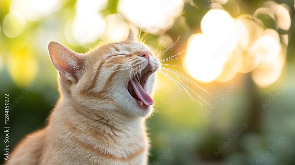 Poster playful ginger cat yawning with a blurred natural background during a sunny day : generative ai