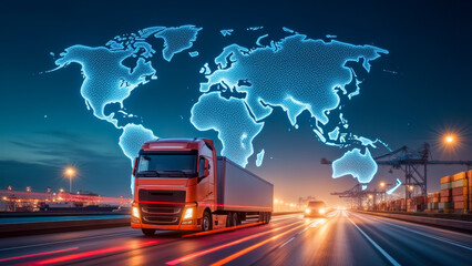 Modern Truck Driving on Highway with Digital World Map Overlay Representing Global Transportation and Logistics Network at Night