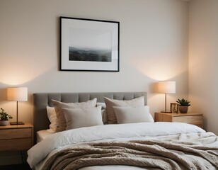 A softly lit, minimalist bedroom featuring a tufted headboard, neutral bedding, framed artwork, and wooden nightstands with matching lamps and small potted plants.