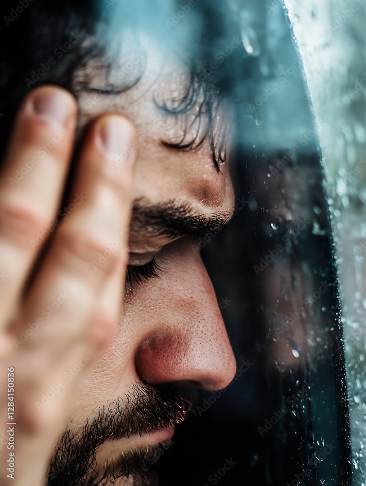 Poster emotional closeup of a man with a pained expression leaning against a rainsoaked window : generative