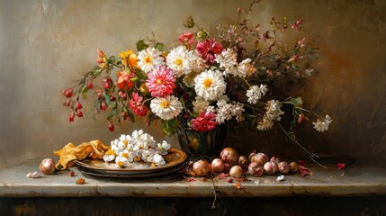 Vibrant floral arrangement with chrysanthemums and porcelain on rustic table