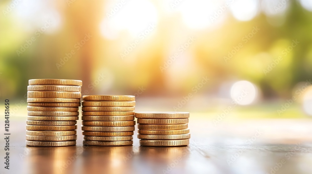 Poster closeup of golden coins stacked on a wooden surface with a blurred green background representing inv