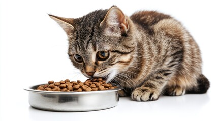 Tabby Kitten Eating Dry Food in a Bowl Against White Background