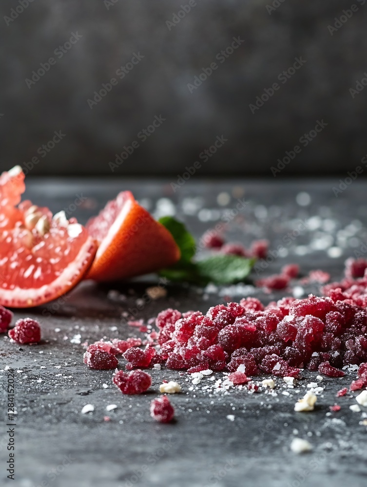 Poster Artistic arrangement of fresh grapefruit and crushed berries on a textured dark background : Generative AI
