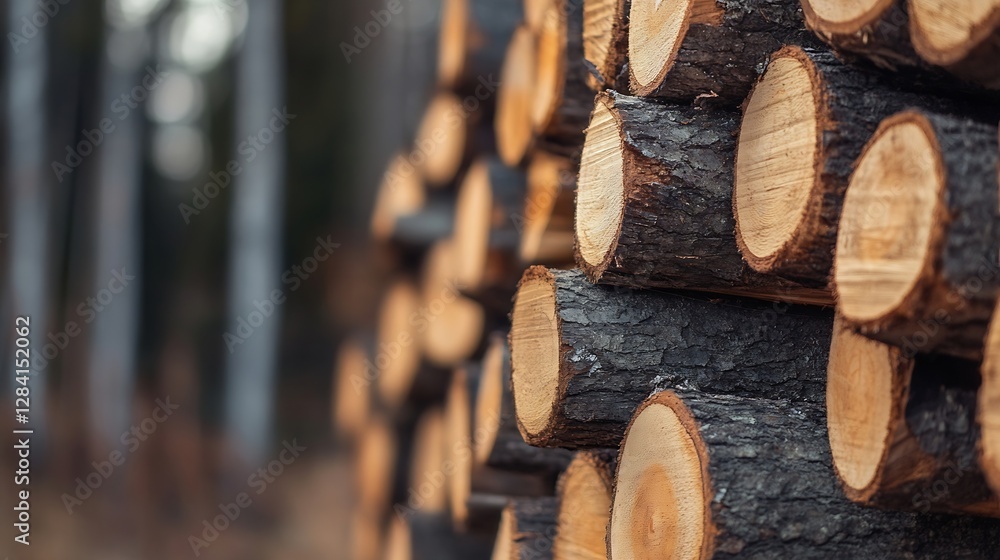 Aufkleber Detailed closeup of a stacked pile of logs in a forest showcasing the texture and natural patterns of the wood : Generative AI