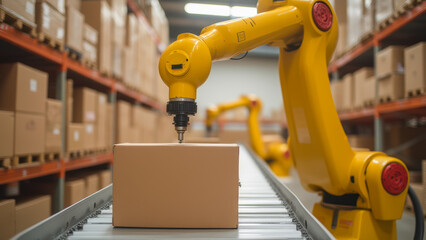 Fototapeta premium Industrial Robotic Arm Handling Cardboard Box on Conveyor Belt Inside Modern Warehouse with Shelves of Packages in Background