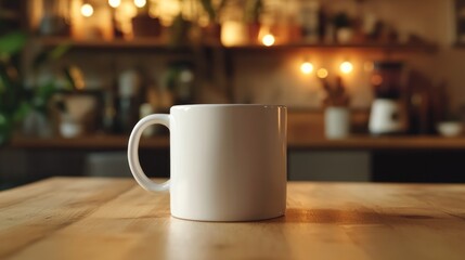 Fototapeta premium Cozy Morning Coffee Mug on Wooden Table in Warm Kitchen
