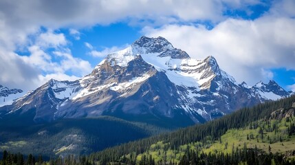 Obraz premium Majestic snow capped mountain range reflecting the beauty of nature under a bright blue sky with clouds : Generative AI
