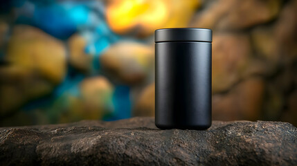 Black container on rock, nature background, product display