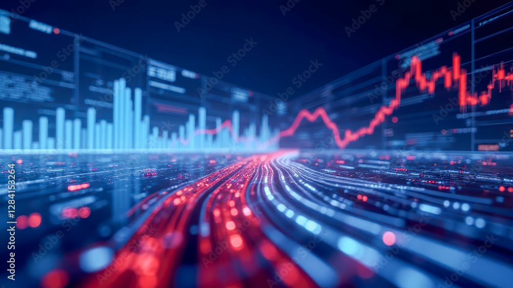 Poster abstract data visualization with red and blue lines representing financial trends in a futuristic di