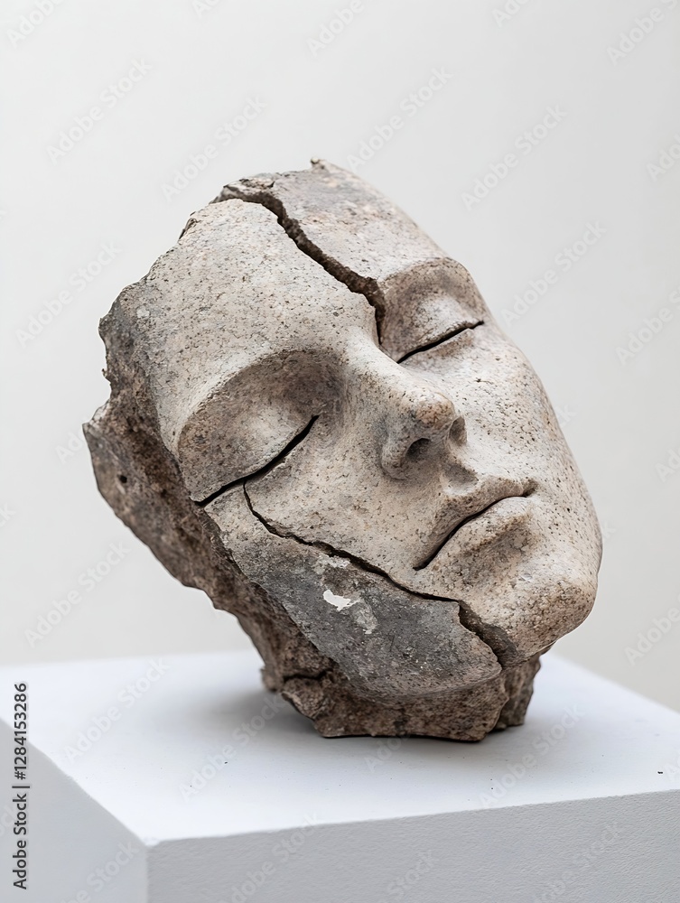 Poster artistic representation of a cracked stone face on display : generative ai